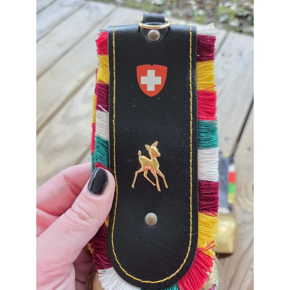 Vintage Decorative Lot Of 2 Swiss Golden‎ Cowbells With Colorful Straps